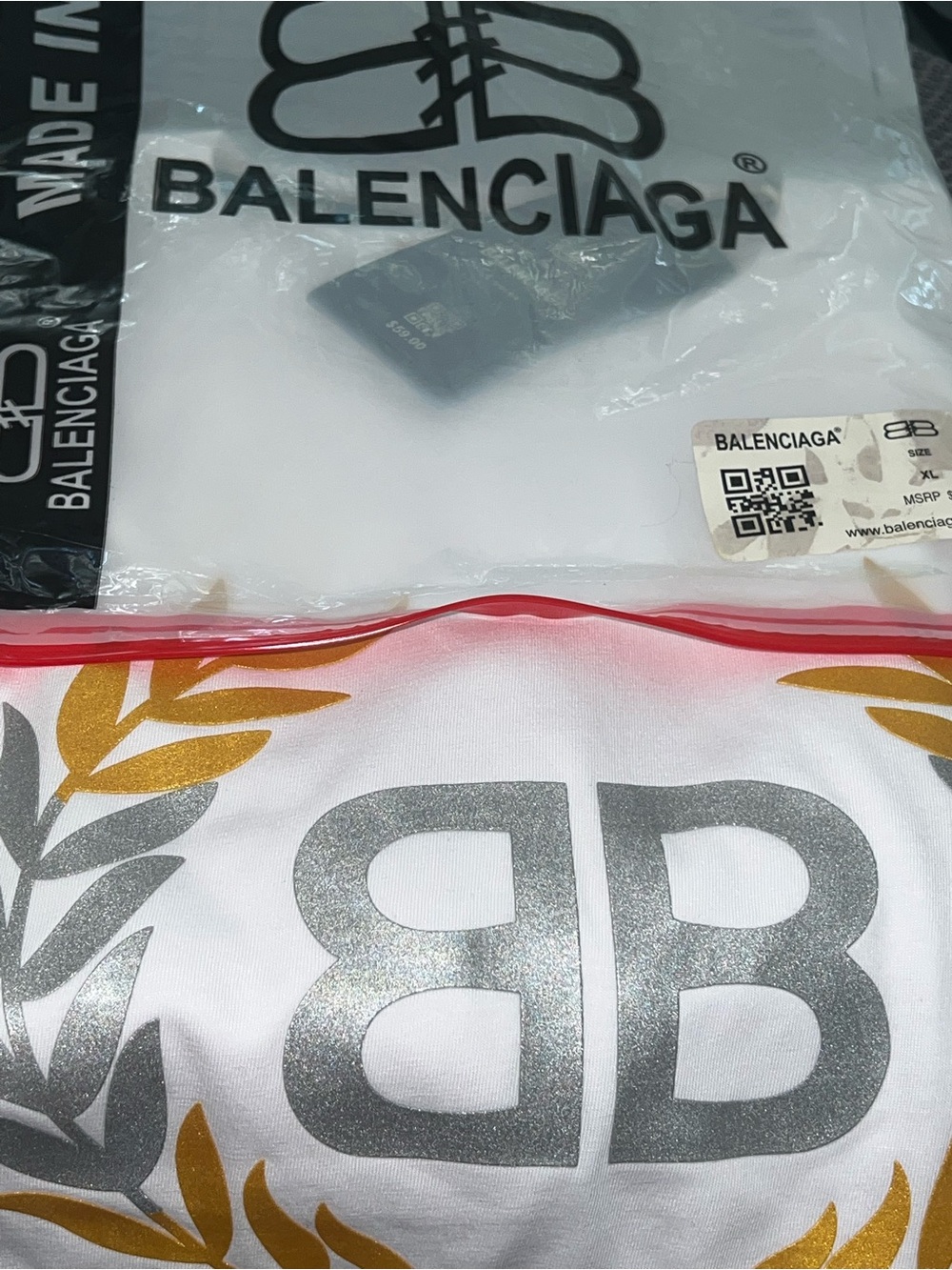 White T-Shirt with Gold Laurel and Silver Tag